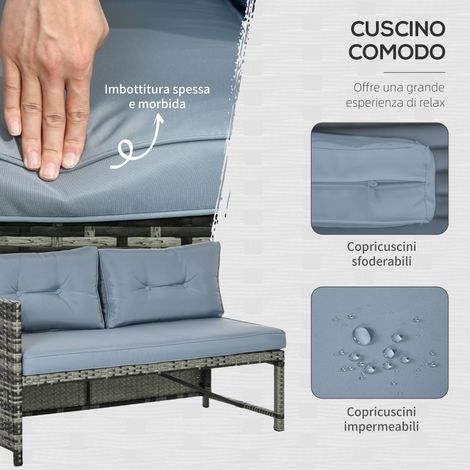Gartenlounge mit 2-Pfosten-Sofa, Bett und Tisch, Set aus Rattan, Kunstharz und Glas mit Kissen, grau