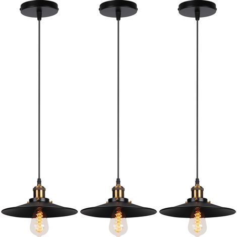 3X Pendant Light with Lamp Shade, Vintage Metal Hanging Ceiling Lamp, Retro Minimalist Chandelier for Kitchen Island Restaurant (Black/Ø22cm) (1/5)
