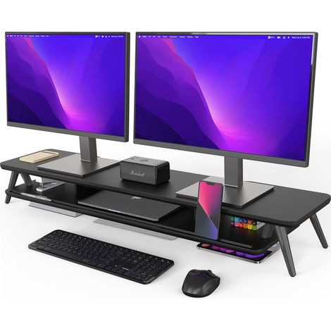 Fenge Réhausseur d'Écran d'Ordinateur 108 cm - 2 Niveaux Grand Moniteur Stand en Bois - Support d'Ordinateur,Moniteurs,TV,PC,Imprimante - Charge de 50kg,Noir (1/5)