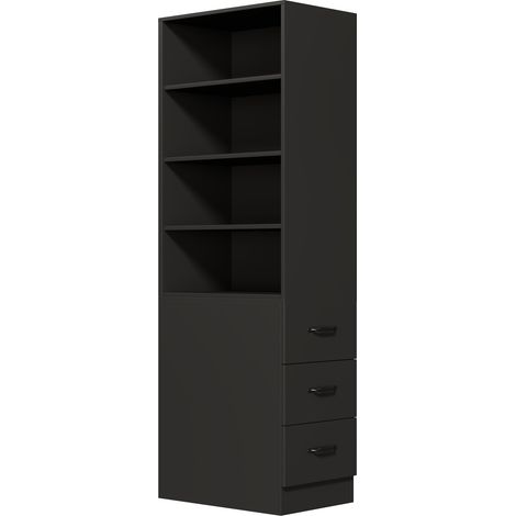 Librería alta y estrecha negra con 3 cajones laterales y estantes regulables, 60 x 38 x 180 cm (1/5)