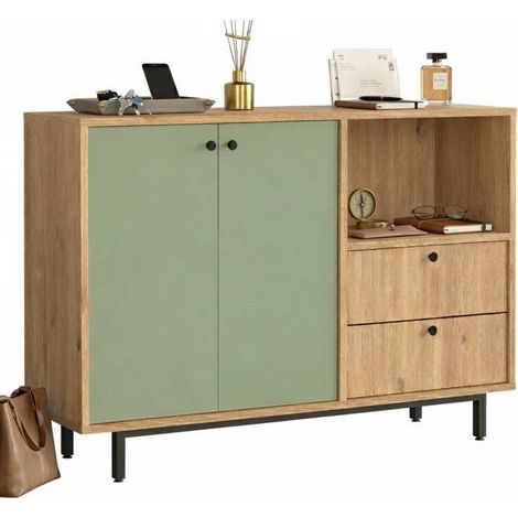 Meuble d'Entrée Chêne et Vert Olive 2 Portes 2 Tiroirs L 120 H 85 P 35.5 cm (1/5)
