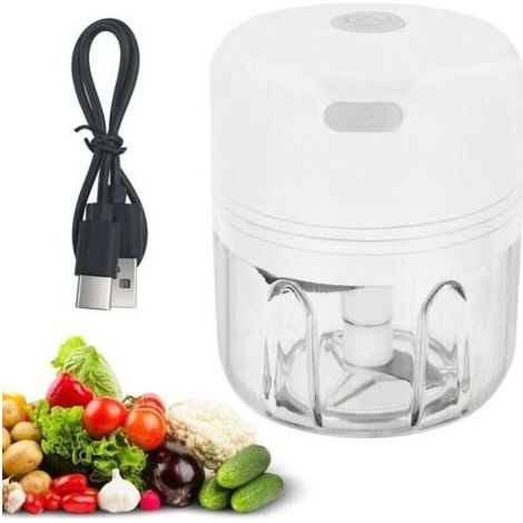 PA 250ml Elektrischer Zerkleinerer, USB-wiederaufladbarer Mini-Zerkleinerer für unterwegs mit 3 Edelstahlklingen für Zwiebeln, Knoblauch, Fleisch, Gemüse und Obst (Weiß) (1/4)