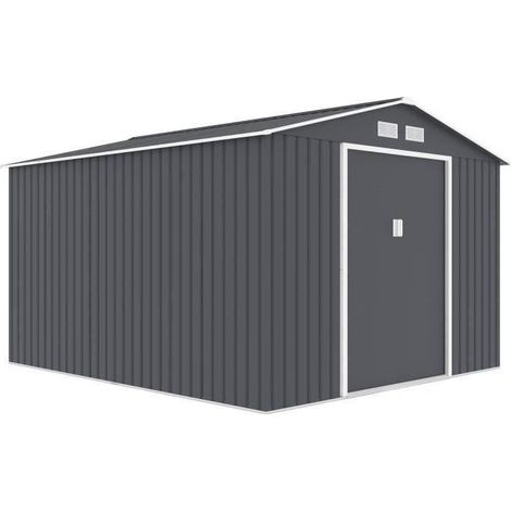 Abri de jardin en métal 8,84 m² - 277 x 319 x 202 cm - URANUS - Kit d'ancrage inclus, 2 portes coulissantes - Gris (1/5)
