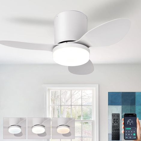 Lampe Ventilateur Plafond Silencieux Avec Télécommande, Petit Ventilateur Plafonnier Avec Lumiere Intégrée, Luminaire Ventilateur Plafonnier Design Pour Chambre, Reversible Motore DC, 6 Vitesses-White