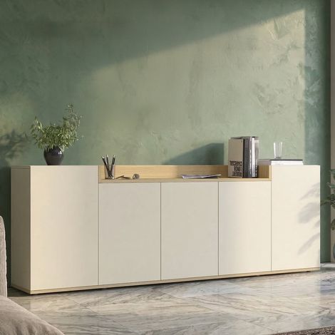 Credenza Cordele, Madia 7 Ripiani, Apertura Battente Made in Italy, 5 Ante, 200x35x70h cm Bianco Cashmere (1/5)