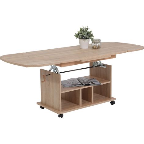 Tische, Table Basse Fonctionnelle, en matériau dérivé du Bois avec revêtement en mélamine, chêne Sonoma, réglable en Hauteur de 53 à 63 cm, Extensible de 107 à 157 cm, sur roulettes (1/5)