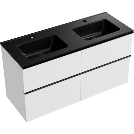 Waschtischunterschrank Bernstein LAVOA 120 cm mit Doppelwaschbecken - Badmöbelfarbe Weiß matt, Waschbecken Schwarz matt, Griff Chrom