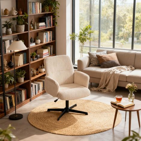 Fauteuil de Salon Scandinave Siège Pivotant Hauteur Réglable avec Accoudoir en Velours Côtelé, Beige (1/5)