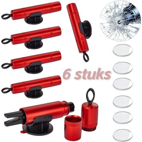 Brise-vitre 6x - Marteau de sécurité 2 en 1 pour voiture - Brise-vitre et coupe-ceinture de sécurité - avec verre de test et support adhésif - Rouge (1/5)