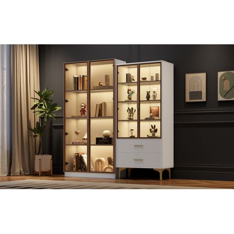 Ensemble salon moderne deux vitrines verre blanc à éclairage LED et étagères réglables,palette platine pour aménagement salon buffet et vitrine.