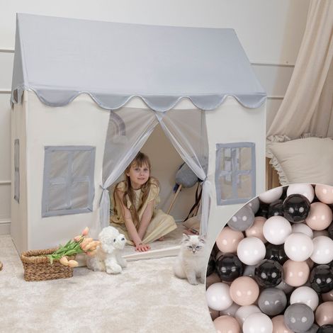 KiddyMoon Kinderzelt mit 200 Bällen, faltbar, aus strapazierfähigem Material, fördert die Kreativität, ideal für drinnen und draußen, weiß und grau: Pastellbeige/Grau/Weiß/Schwarz