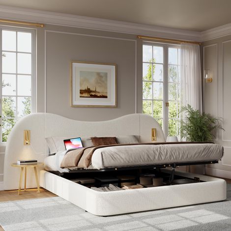 , Lit rembourré,  lit double,  180x200cm,  sommier à lattes,  réglable hydrauliquement,  avec port USB et lampe de lecture,  tête de lit rembourrée en bouclé blanc...