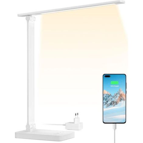 Lampe de Bureau avec Port USB 655 lm, Lampe Bureau 15W avec Adaptateur, 3 Modes de Couleur et 5 Niveaux de Luminosité Dimmable, Anti-Éblouissement, pour Lecture Travail Manucure - Blanc (1/5)