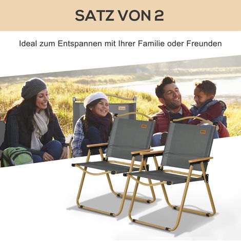 Lot de 2 fauteuils de camping pliants, chaises de plage en acier aspect bois, gris anthracite (1/4)