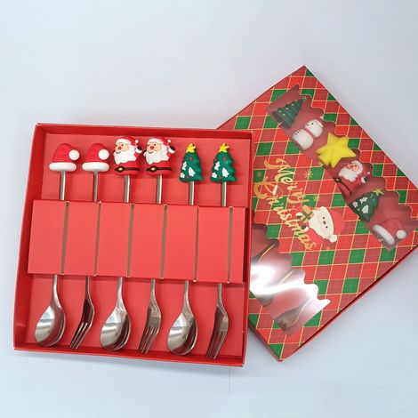 Coffret cadeau cuillère et fourchette en acier inoxydable avec figurines de Noël (figurines argentées, lot de 6, boîte rouge de Noël) (1/4)