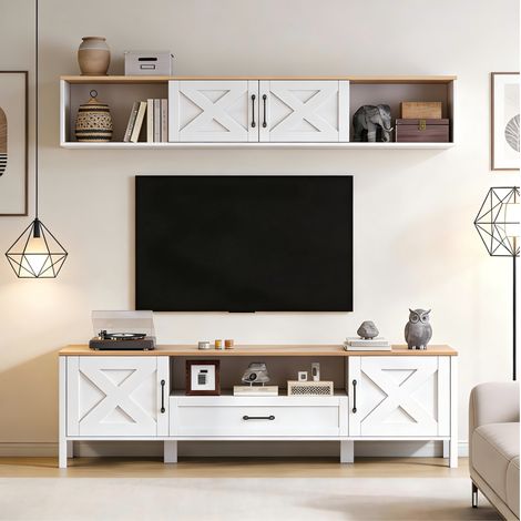 Mueble para TV de MDF blanco 180x40x50 cm con vitrina colgante 180x30x30 cm, 4 armarios, 1 cajón, hasta 80 pulgadas (1/5)