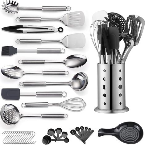 Küchenutensilien-Set, 39-teiliges Edelstahl-Küchenutensilien-Set, Löffel- und Pfannenwender-Set mit robustem Edelstahl-Utensilienhalter, kompatibel (1/5)