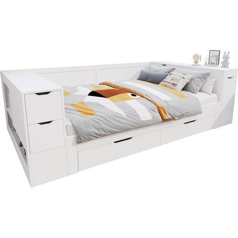 Lit enfant 140x200 cm avec rangements, grand tiroir, table de chevet push-pull, banquette de jour en MDF blanc, sans matelas, idéal chambre – CHICFURN (1/5)