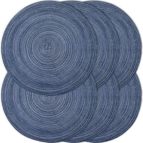Lot de 6 sets de table ronds tressés de 38,1 cm pour tables de salle à manger, sets de table tissés naturels résistants à la chaleur (ronds, bleu)'Rond Bleu 6 PCS'Rond Bleu'6 PCS