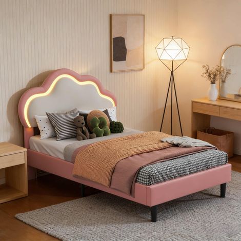 Letto per bambini 90x200 cm con testiera a nuvola, letto singolo in similpelle, LED regolabile, rete a doghe, design moderno
