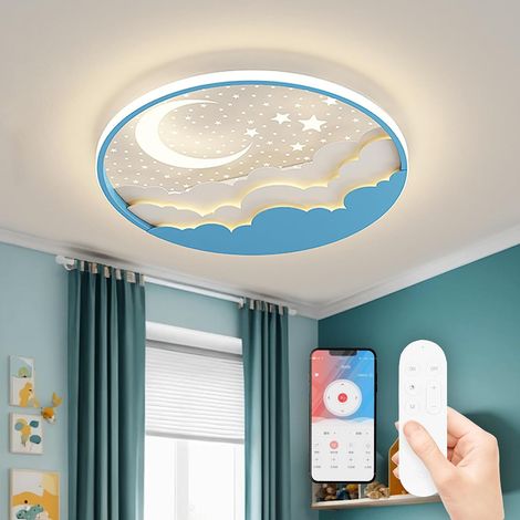 Plafonnier LED Chambre Enfant, Moderne Créative Étoile Et Lune Lampe De Plafond, Lampe Plafond avec Dimmable Télécommande 3000-6000K, Garçons Et Filles Chambre Enfants Lumière Éclairage, Bleu (1/5)