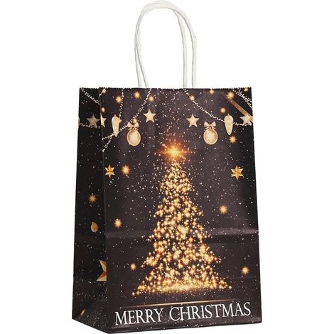 Set mit 12 wiederverwendbaren schwarzen und goldenen Weihnachtsgeschenktüten mit Henkeln zum Verpacken von Weihnachtsgeschenken, 21 x 15 x 7 cm (Weihnachtsbaum)