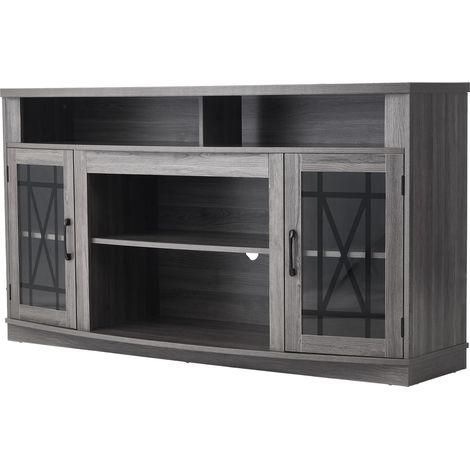 VEVOR TV-Ständer für Fernseher bis zu 65 Zoll, TV Tisch mit Lichtleiste, TV-Schrank aus Holz mit Glastüren & verstellbaren Regalen, Konsolentisch Fernsehschrank für Wohnzimmer Schlafzimmer, Grau (1/5)