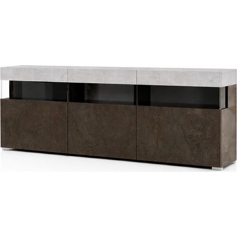 Madia Soggiorno Con 3 Ante Push-Pull E 3 Vani A Giorno in Vetro Mobile Credenza Moderna Per Zona Living Design Industrial Contemporaneo 180 x 41.2 x 80 Cm Colore Ossido E Grigio Cemento