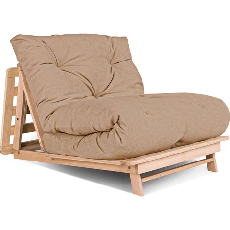 Canapé Lit Convertible en Bois avec Matelas Beige Confort - 90 x 200 cm - Bois clair et Beige (1/5)