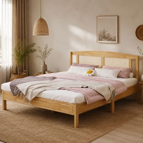 Lit 160x200 double en bois de pin et rotin PE, sommier 15 lattes, naturel DESVIAE (1/5)