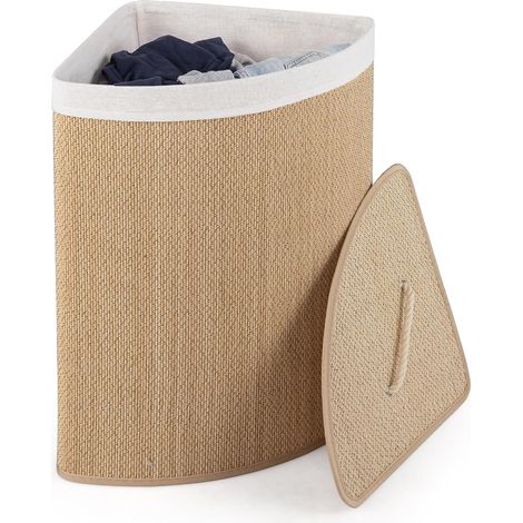 COSTWAY Panier à Linge d'Angle Bambou 57L, Couvercle à Poignée, Naturel (1/5)