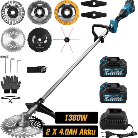 1380W 18800U/min Débroussailleuse Électrique Sans Balais Sans Fil avec 2x Batteris Coupe Bordure Compatible Makita 21V Longueur 168cm 7 Types Lames Étanche et Pratique pour Jardin Cours Ferme Pelouse (1/5)