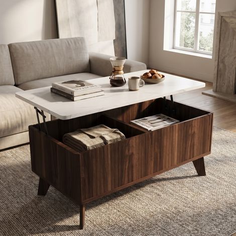 Table basse relevable, table de salon 105x53x42 cm, avec rangement caché et mécanisme amorti, effet marbre et bois, style moderne, Couleur noyer