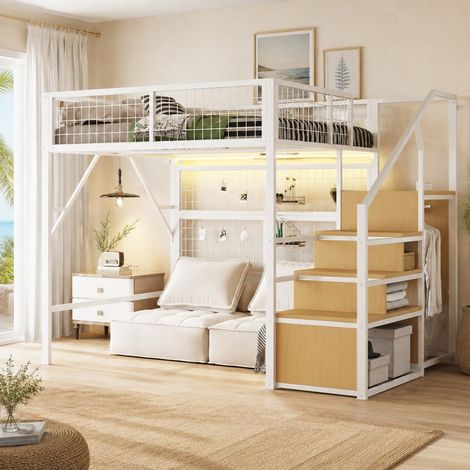Cama alta 140x200 cm de metal blanco con almacenaje para espacios pequeños – MEUBLIV (1/5)