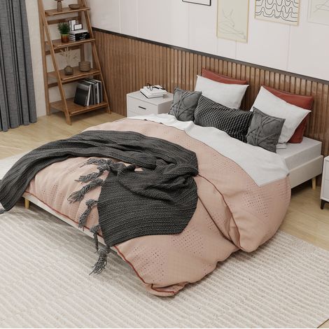 Cama de tela beige y metal 160x200 cm, estructura moderna de perfil bajo (1/5)