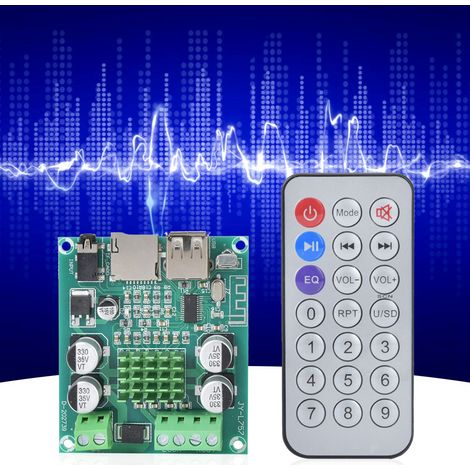 Carte d'amplification double canal pour Bluetooth 5.0 avec télécommande, compatible avec les clés USB et les entrées auxiliaires. (1/5)