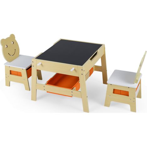 Table pour tout-petits et 2 chaises 5 en 1, set de bureau d'art mignon avec tableau noir/tableau blanc réversible - naturel