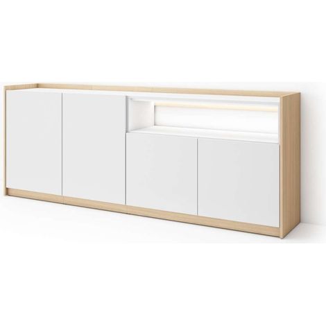 Aparador Árchez-01 de 207x80x37 cm con 4 puertas y luces LED, blanco y roble soft (1/4)