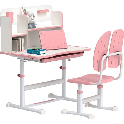 Height Adjustable Kids Desk and Chair Set, Children School Study Desk with Tiltable Desktop, Reading Rack, Pink (1/5)