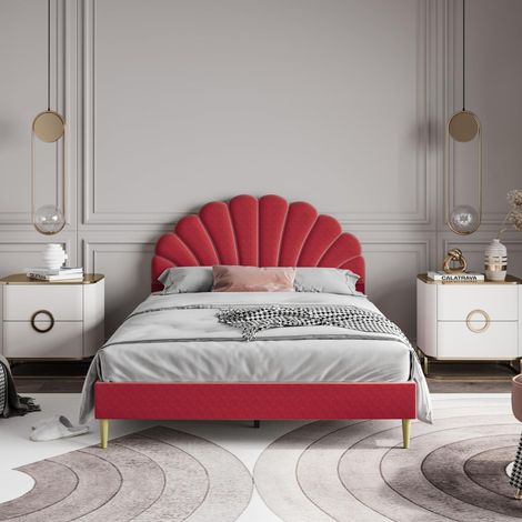 Lit Double 140x200 cm en Velours avec Tête de Lit Coquillage - Design Art Déco et Pieds Dorés - Sommier à Lattes Inclus - Beige / Bordeaux