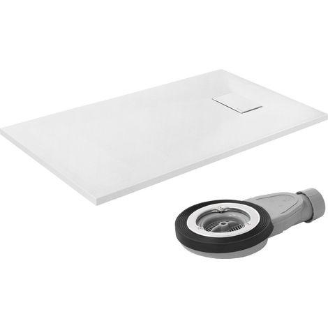 LuxeBath Duschwanne 120x70 cm Weiß mit Ablaufgarnitur, Extra flache & robuste SMC Duschtasse, Rechteckige Brausewanne H:30 mm, Design Brausetasse Anti-Rutsch-Oberfläche in Schieferoptik mit Siphon (1/5)