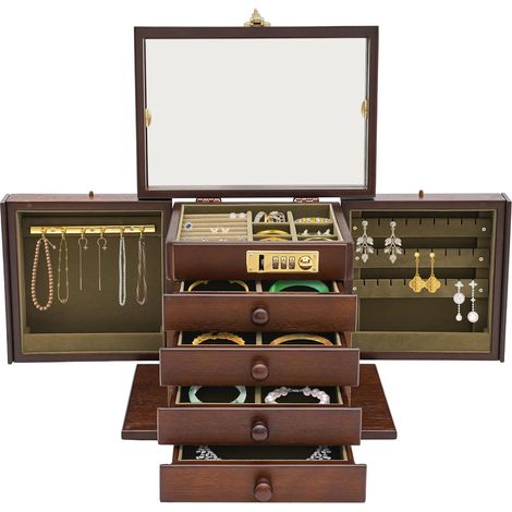 Boîte à bijoux en bois style vintage avec miroir et verrouillage mot de passe 5 niveaux 4 tiroirs pour bracelets, colliers, bagues (1/5)