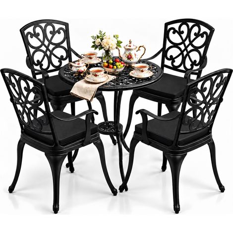 Homeology VIVALDI Black 5-Piece Cast Aluminium Garden Bistro Set - Rust-Proof Round Table with Parasol Hole & 4 Large Armchairs - with Black Cushions (1/5)