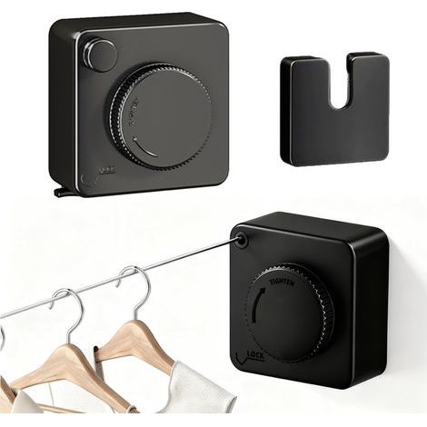 Corde à Linge Rétractable Inoxydable - 4,8M Fil à Linge Retractable Mural, Noir Sans Affaissement, Anti-Vent pour Balcon, Salle de Lavage & Salle de Bain (1/5)