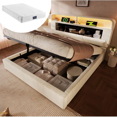 Letto a cassone adulti 160x200 cm con testiera portaoggetti regolabile in altezza, illuminazione LED, porte USB-Type-C, senza fondo, materasso incluso (1/5)