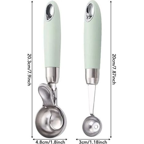 2 Pièces Cuillere A Glace En Acier Inoxydable Poli Boules Cuillère De Melon Cuillère À Crème Glacée Cuillère À Glace Avec Éjecteur (1/5)