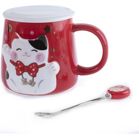 Tasse en Relief - Décors Chat Maneki Neko - Teinte Rouge - Accompagnée de sa cuillère - Décoration Japonaise - Idée Cadeau Japon Asie (1/4)