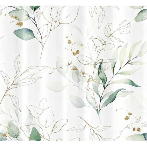 Rideau de -DOUche anti-moisissures, 180x180 cm, vert à motif de feuilles d'eucalyptus dorées, en tissu polyester lavable et imperméable.-DOU