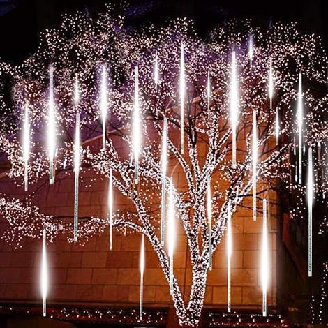 Guirlande lumineuse extérieure de Noël, 8 tubes LED effet pluie de météores et stalactites, idéale pour décorer sapin de Noël, mariages et fêtes (blanc). (1/5)