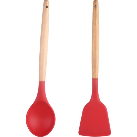 Ustensiles De Cuisine En Silicone - Manche En Bois D'Acacia - Résistance à La Chaleur - Pour Poêles Antiadhésives - Lot De 2 (1/5)